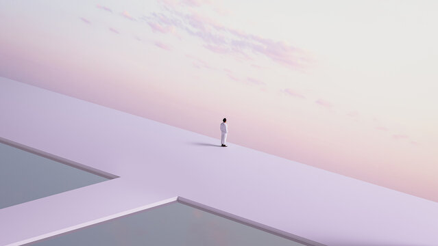 Man stands alone in a minimalist outdoor setting at sunset