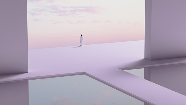 Man stands alone in a minimalist outdoor setting at sunset