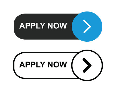 Apply Now button set with arrow icon, modern call to action web elements, flat blue and black application buttons for recruitment and registration