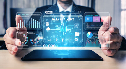 Obraz premium Business Professional Using Advanced Data Analytics Technology with AI Interface Displayed on Smartphone for Modern Business Solutions Fluxor.
