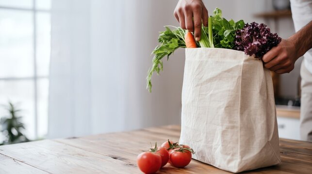 Hands packing reusable grocery bag with fresh vegetables for sustainable healthy shopping