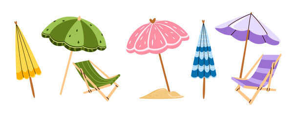Obraz premium Set of beach umbrellas and chairs. Colorful striped sun loungers and parasols. Flat vector illustration of summer seaside furniture collection isolated on white background.
