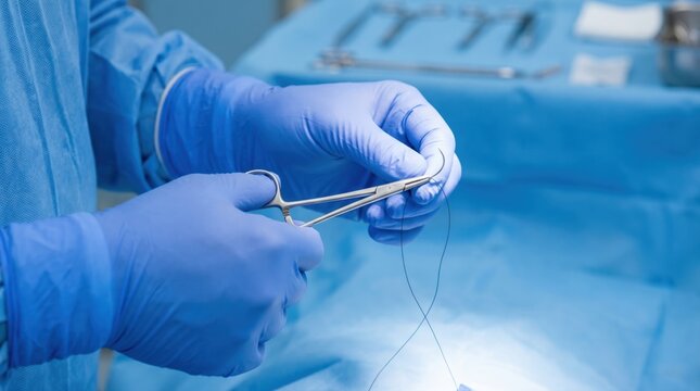 Close up of surgeon hands wearing blue sterile gloves holding medical forceps and curved suture needle with black thread