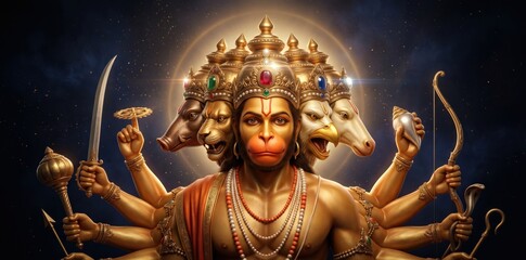 Obraz premium Panchmukhi Hanuman Wallpaper — Five Face Divine Golden Form