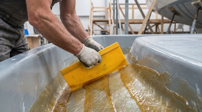 Boat building craftsman wearing protective gloves using yellow plastic squeegee to spread wet fiberglass resin over large grey hull mold