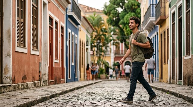 Young brazilian man walking along a historic-style street in Manaus