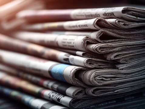Stack of folded newspapers with visible headlines and text pages arranged in a neat pile under soft lighting for news and media concepts