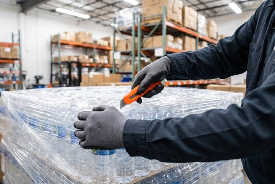 Warehouse employee wearing protective gloves using utility knife to cut plastic shrink wrap from pallet of bottled water