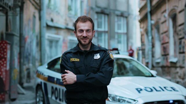 Smiling young man cops stand near patrol car look at camera wear glasses enforcement happy officer police uniform auto safety security communication control policeman close up slow motion