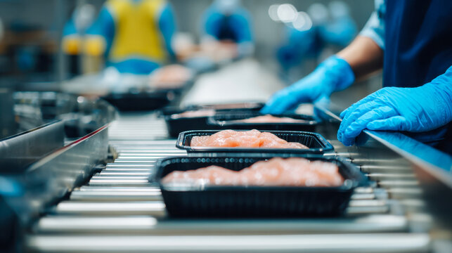 Workers wearing blue gloves handling fresh raw meat pieces on a conveyor belt during automated food packaging process in a modern factory setting