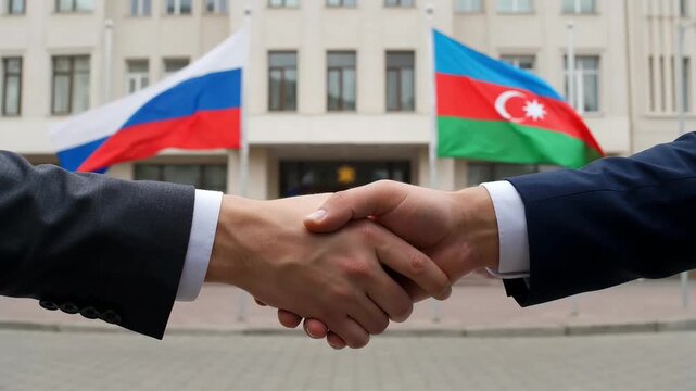 firm handshake of representatives of russia and azerbaijan in front of a government building with state flags, a sign of strategic partnership and regional stability in the alliance.