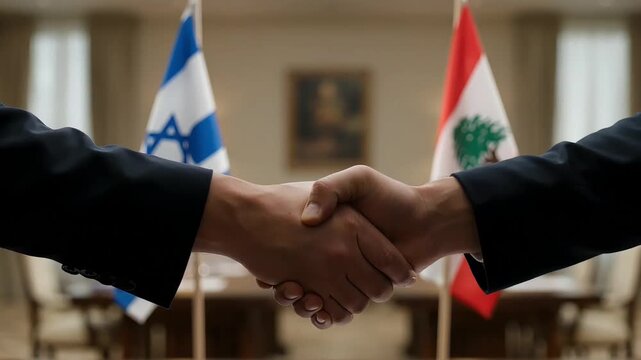 diplomatic handshake on the background of the flags of israel and lebanon in a conference hall. the video reflects the concept of the peace process, political settlement and support.