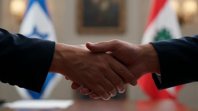 official meeting and handshake of representatives of israel and lebanon indoors. conceptual visualization of diplomatic efforts to de-escalate tensions and find a compromise.