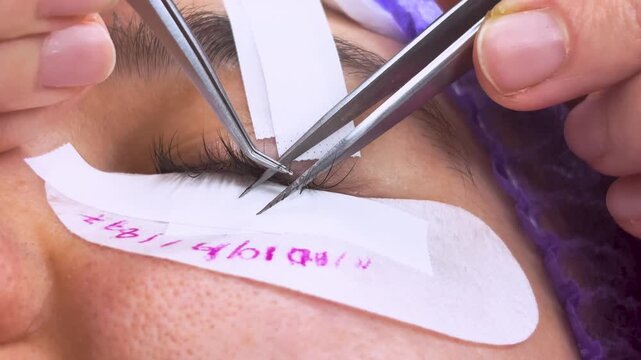 Close-up of a professional eyelash extension procedure.