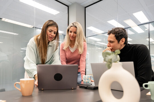 Coworker team review project on laptop in modern office