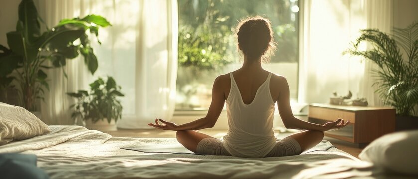 Woman practicing yoga on her bed