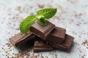 Pieces of yummy chocolate bar and mint leaves on grey table, closeup © New Africa
