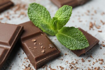 Pieces of yummy chocolate bar and mint leaves on grey table, closeup © New Africa