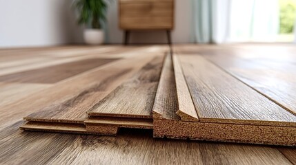 Naklejka premium Laminate flooring planks revealing click lock system during installation