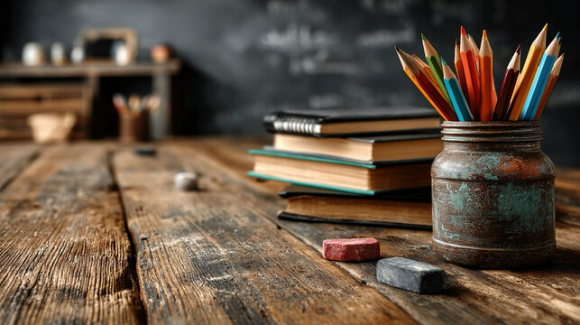 Wooden classroom desk with blackboard in background, chalk, notebooks, and pencils, illustrating traditional learning environment, academic study preparation, and teaching setup