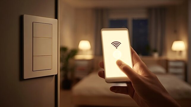 Hand using smartphone controlling smart home lighting system