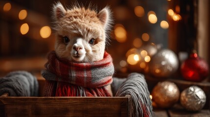 Fototapeta premium Cute Alpaca Wearing a Cozy Scarf Sitting Indoors in a Festive Setting