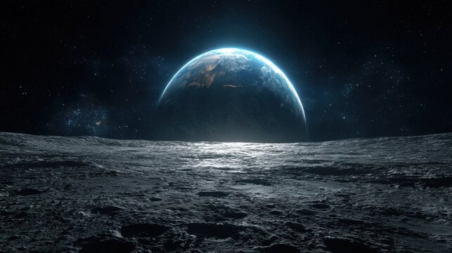 View from Moon surface with Earth rising on the horizon and detailed crater foreground