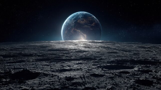 Earth rising over the Moon surface with detailed craters and stars in the background