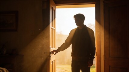 Fototapeta premium A man stands in the doorway of a home, looking out at the bright sunlight. He appears to be contemplating his mortgage and loan options, planning for his future.
