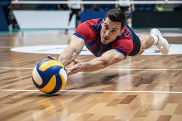 Fototapeta premium Male volleyball player diving for ball on indoor court with intense focus
