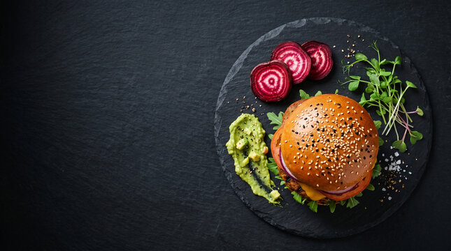 gourmet veggie burger with beet slices on slate plate, healthy meal on dark background