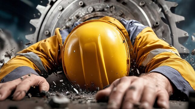 Worker in Yellow Helmet Falling Backward Near Industrial Machinery