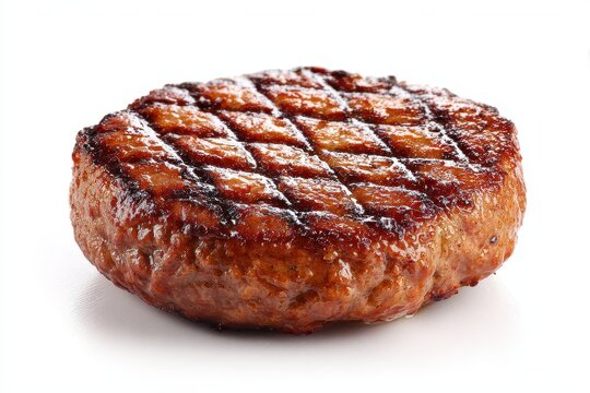 Macro style image of a grilled beef patty, round patty, glossy surface, studio lighting