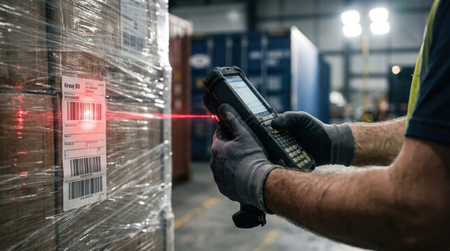 Warehouse worker wearing gloves using handheld laser scanner device to read barcode label on wrapped pallet of boxes