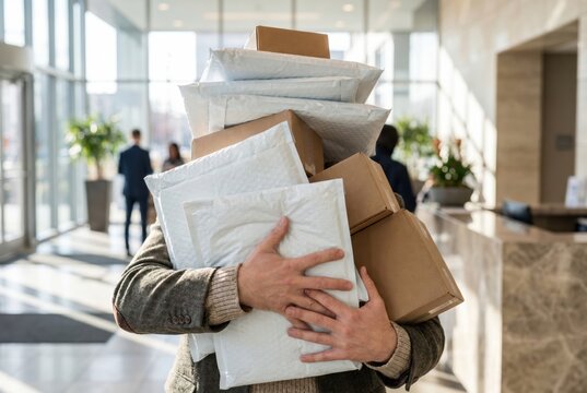 Mailroom clerk struggling to carry large overflowing pile of cardboard boxes and white bubble envelopes in office lobby