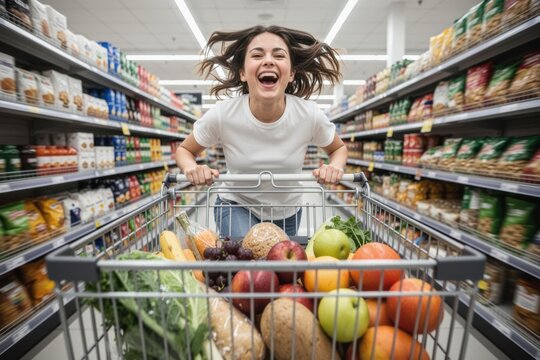 Woman pushing shopping cart through supermarket aisle while laughing and joyful