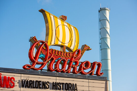 Gothenburg, Sweden - April 12 2019: Retro Dalen neon sign with Viking ship sculpture.