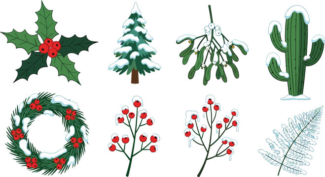 Winter Christmas botanical vector set featuring holly leaves snow covered pine tree mistletoe berries wreath and frozen cactus plant icons for festive holiday decorations.