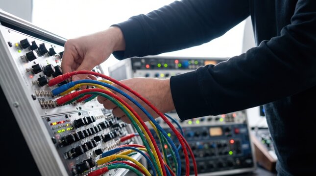 Sound engineer hands connecting brightly colored audio patch cables into complex modular synthesizer rack