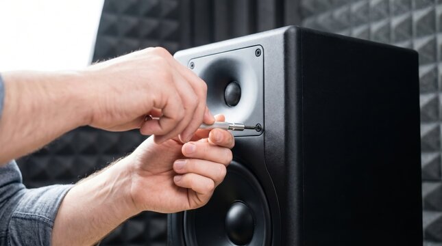 Audio technician hands using small screwdriver to tighten screws on black studio monitor speaker driver