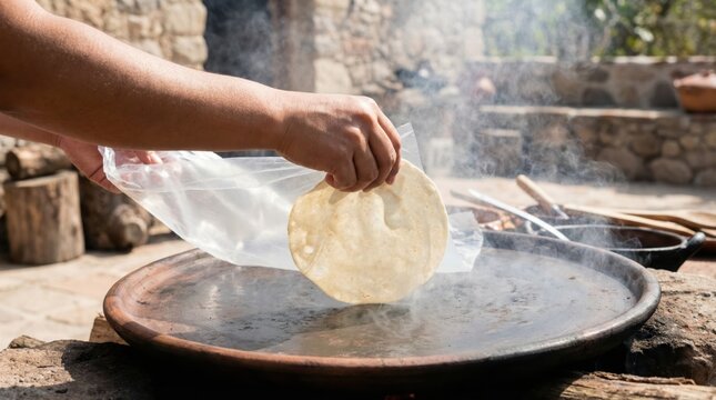 Cook hands removing plastic film from fresh dough to bake traditional flatbread on hot clay comal over fire