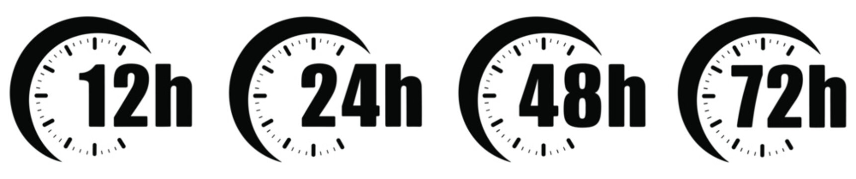 Time's Progression: Clock face set marking various durations from 12 to 72 hours, Time, deadline, waiting time, time management, punctual time, delivery time.