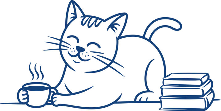 Cat relaxing with coffee and books vector illustration, cozy home scene, cute feline resting beside warm cup and stacked novels