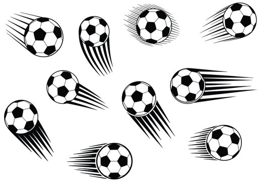 Soccer Ball in Motion: Dynamic illustration of soccer ball with motion trails. fast speed, football icon, sports equipment, soccer game, black and white.