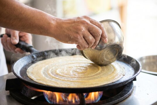 Cook hand using metal bowl to spread thin batter in circular motion on hot flat pan to make traditional crepe