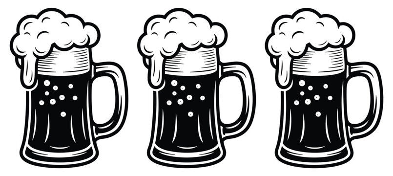 Mugs of Beer: Dark ale with thick, foamy head, classic style, drinking.