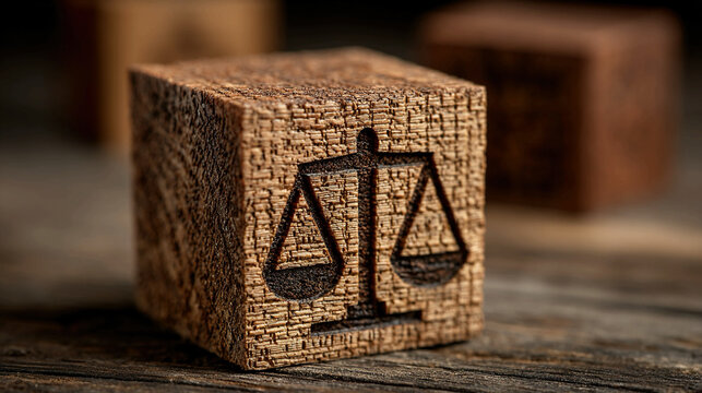 Wooden Cube with Scales of Justice on Table Representing Law, Ethics, and Moral Balance - Conceptual editorial image emphasizing fairness, justice, and ethical principles.