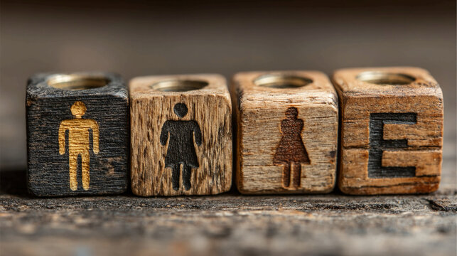 Wooden Cubes with Male and Female Icons and Equal Sign, Representing Equal Pay, Social Security, Financial Fairness, and Advocacy for Workplace Equality Across Industries.