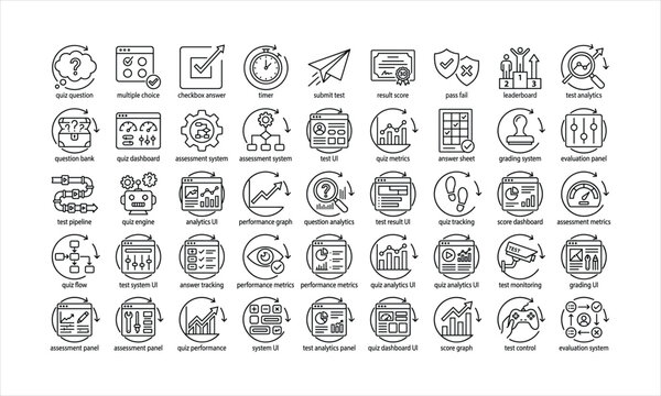 Collection of outline representing quiz, test, and assessment including questions, timers, results, analytics, and systems