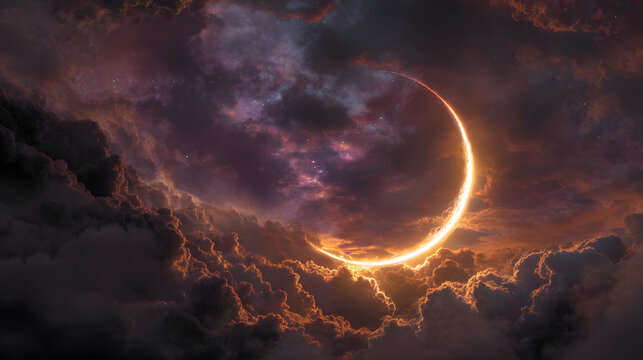 Eclipse fire crescent with blazing moon curve, shadow clouds and cinematic fantasy night